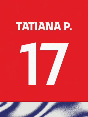 Dorsal de color rojo con el nombre 'Tatianap' y el número 17 en blanco, sobre un borde inferior con patrón ondulado azul y blanco.