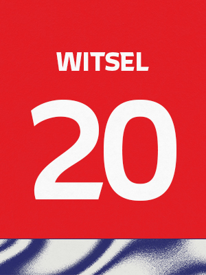 Dorsal de color rojo con el nombre 'Witsel' y el número 20 en blanco, sobre un borde inferior con patrón ondulado azul y blanco.